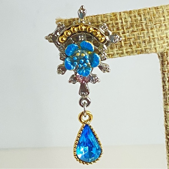 Vintage 1928 Blue Floral Drop Earrings Pink Accent Teardrop Crystal 2" - Picture 6 of 9